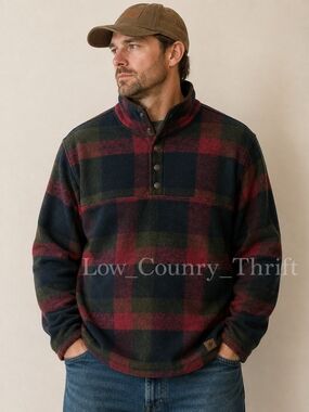 John Wayne Men's L Heavyweight 1/4 Snap Plaid Pullover Red Green Blue